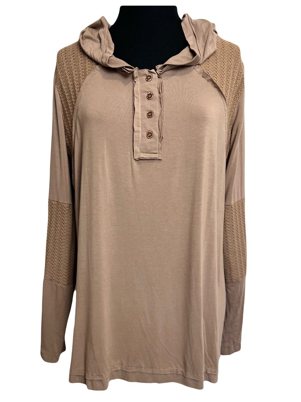 POL | Tan Mixed Knit Boho Pullover Hoodie, Large